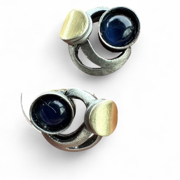 Christophe Poly geometric two-tone Stud earrings Blue Stone Gold Tone accent - Picture 1 of 9